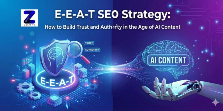Hero blog image featuring the text 'E-E-A-T SEO Strategy: How to Build Trust and Authority in the Age of AI Content by ZELITHO author Manoj aditya Nadar