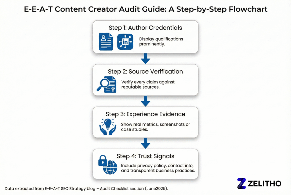 E‑E‑A‑T audit flowchart with steps: Author Credentials, Source Verification, Experience Evidence, and Trust Signals