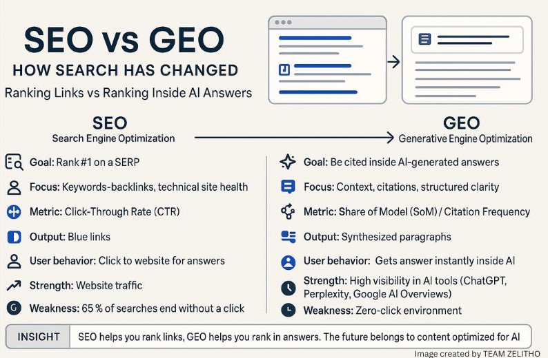 Horizontal infographic comparing SEO (Search Engine Optimization) with GEO (Generative Engine Optimization), showing goals, focus areas, metrics, outputs, strengths, weaknesses, and a visual transition from blue-link SERPs to AI-generated answer boxes.