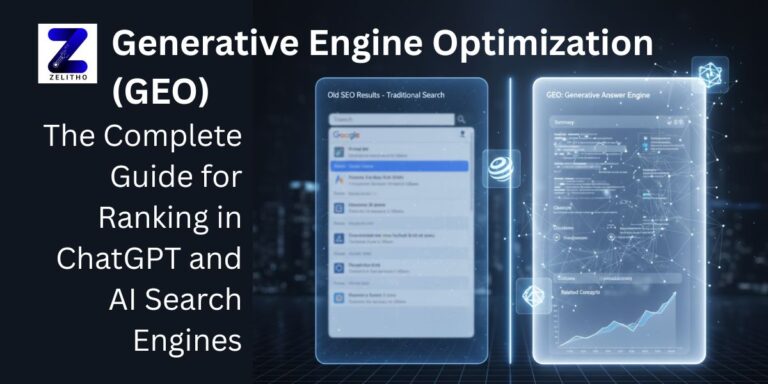 A split-screen futuristic illustration contrasting a blurred, traditional search engine list on the left with a glowing, holographic AI answer interface on the right, representing the shift from SEO to GEO by Zelitho, manojaditya nadar