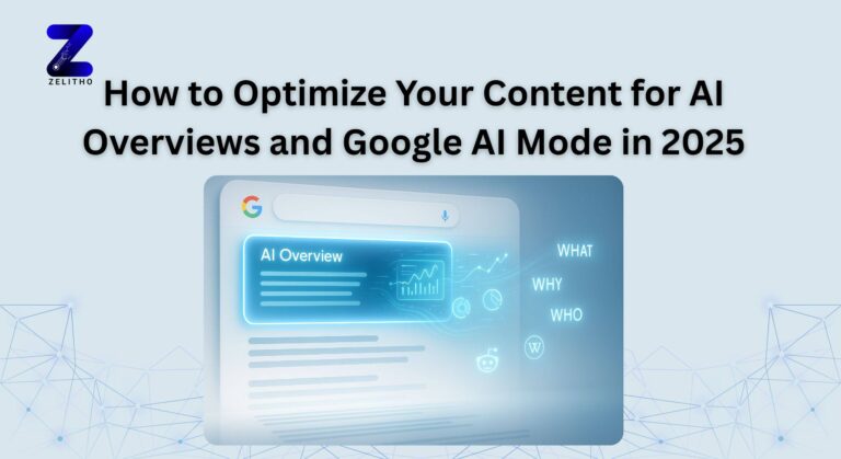 A futuristic Google search results interface transforming into an AI Overview panel with glowing data streams and holographic icons, symbolizing AI-powered content visibility in 2025.