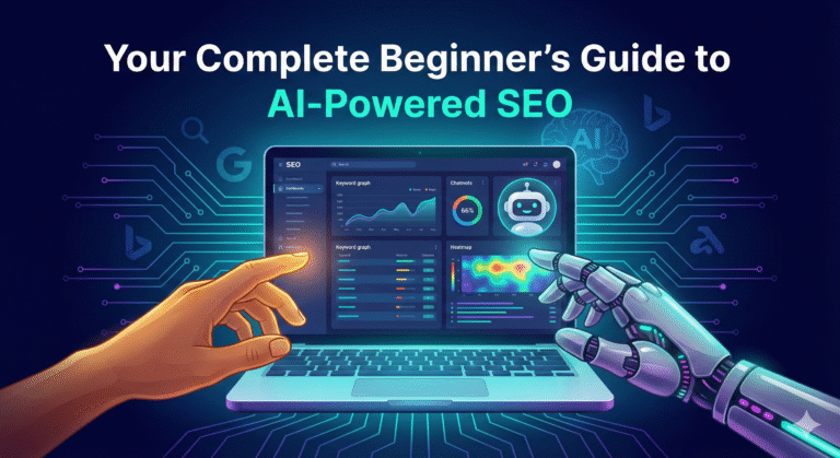 Human and robotic hands reaching toward a glowing laptop screen showing AI‑driven SEO dashboards – symbolizing the partnership between people and artificial intelligence in modern search engine optimization.