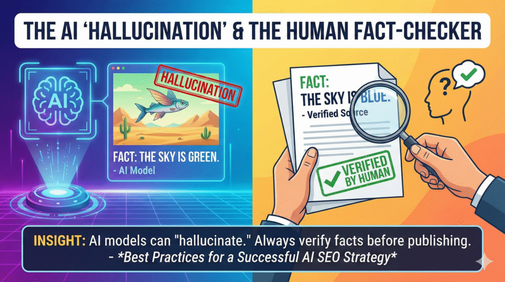 Illustration of a floating digital brain surrounded by glitchy, distorted text and question marks, with a human hand holding a magnifying glass to review the content – representing AI hallucination and the need for human fact‑checking.