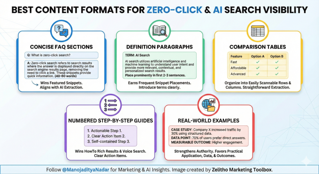 Infographic illustrating the top 5 content formats for zero-click and AI search visibility: Concise FAQs (40-60 words), Definition Paragraphs, Comparison Tables, Numbered Step-by-Step Guides, and Real-World Examples with data.