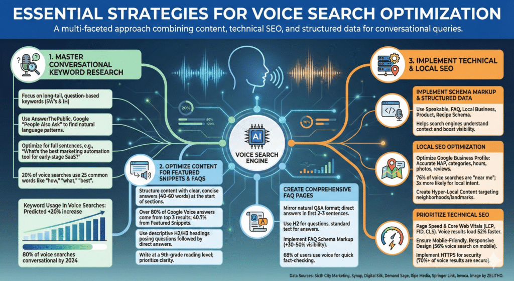 Infographic detailing essential strategies for Voice Search Optimization (VSO), including conversational keyword research, optimizing for Featured Snippets, using FAQ schema markup, prioritizing local SEO with Google Business Profile, and improving page speed and mobile-friendliness.