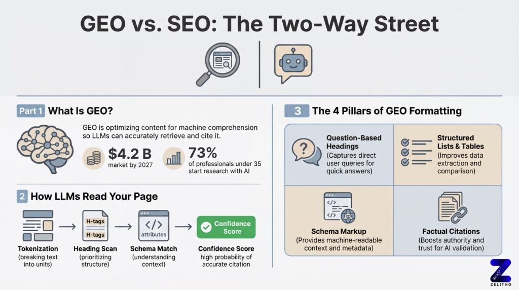 Infographic “GEO vs. SEO: The Two‑Way Street” – a visual guide showing how Generative Engine Optimization (GEO) structures content so AI models can accurately retrieve and cite it, compared to traditional SEO tactics.