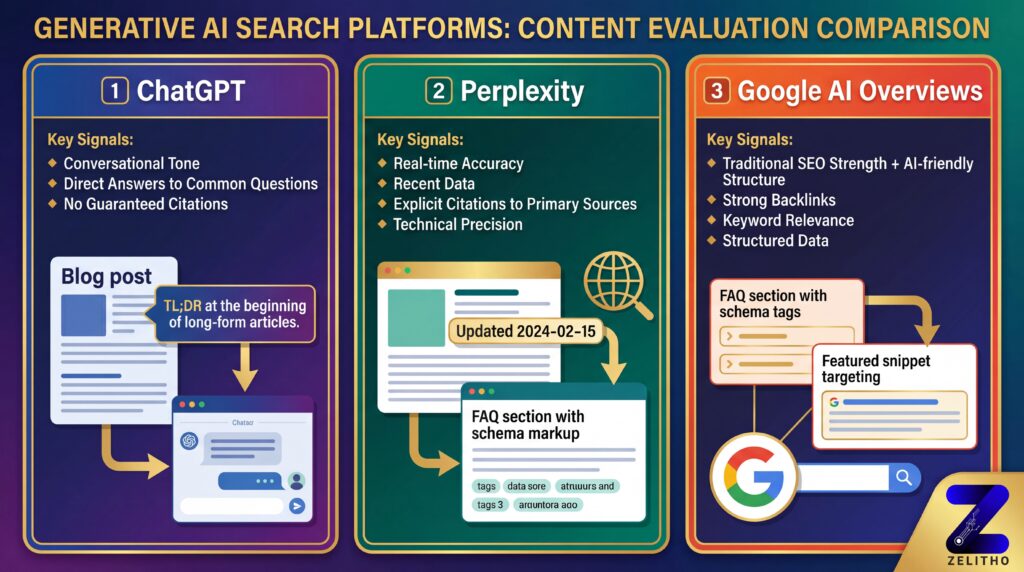 Infographic comparing ChatGPT, Perplexity and Google AI Overviews content signals – TL;DR, updated dates and FAQ schema