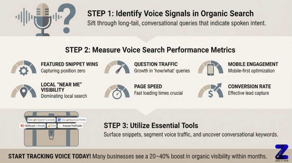 Infographic showing a three‑step process for measuring voice search optimization: identify voice signals, track key metrics, and use specialized tools.