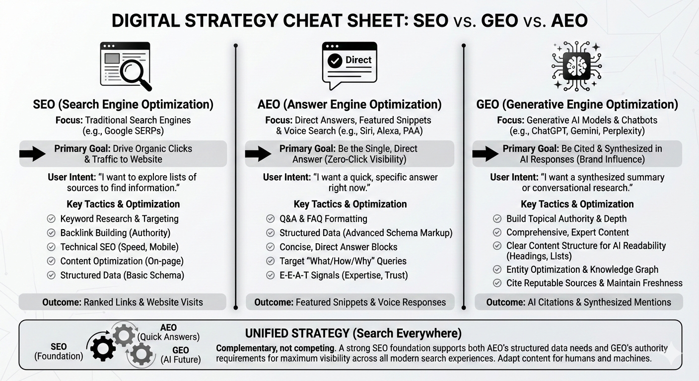 AI generated comparison infographic about SEO vs GEO vs AEO strategies