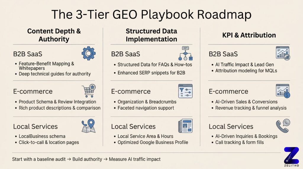 Infographic illustrating the three‑tier Generative Engine Optimization playbook: Content Depth & Authority, Structured Data Implementation, and KPI & Attribution, broken down into B2B SaaS, E‑commerce, and Local Services with key tactics such as feature‑benefit mapping, product schema + reviews, and LocalBusiness schema.