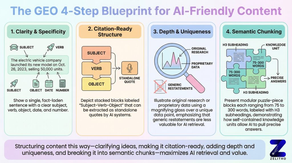 Infographic showing four steps to make content AI‑friendly: a clear fact sentence, stackable quotable blocks, a magnifying glass over unique data, and puzzle pieces labeled with subheadings for semantic chunking.