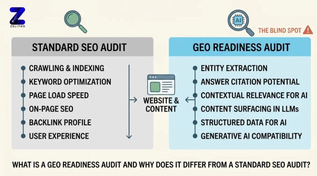 What is a GEO readiness audit and why does it differ from a standard seo audit - Infographic by ZELITHO