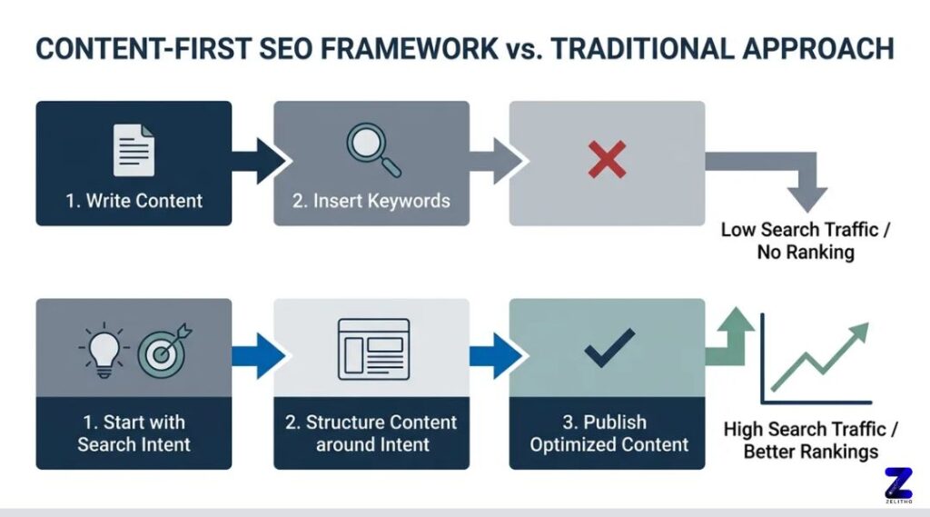 Content first SEO Framework vs Traditional approach of SEO - Infographic by ZELITHO