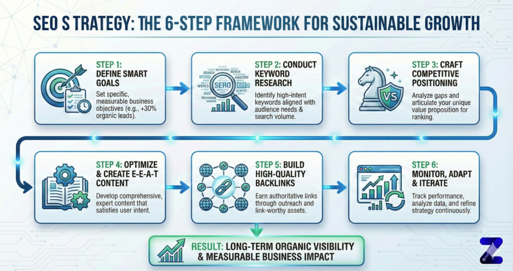 SEO strategy infographic showing a six-step framework including goal setting, keyword research, competitive positioning, E-E-A-T content optimization, backlink building, and performance monitoring. Blog by Zelitho
