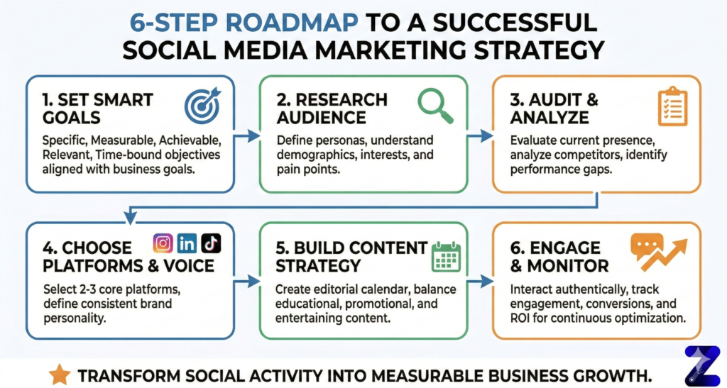 Infographic showing a 6-step social media marketing strategy roadmap including SMART goals, audience research, social media audit, platform selection, content strategy, and engagement monitoring. in Blog by Zelitho