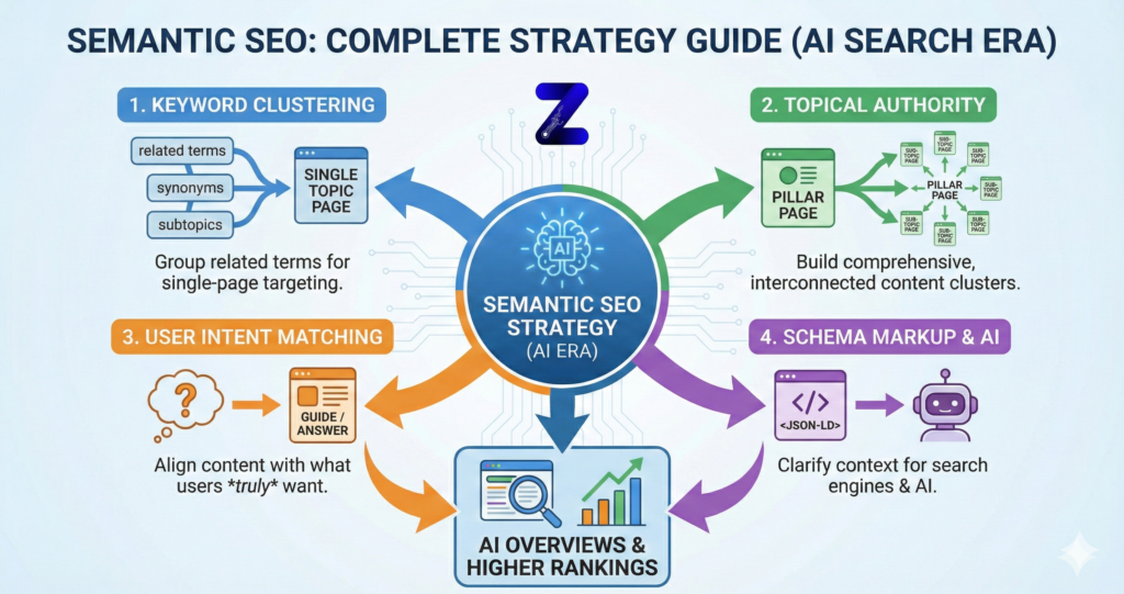 Semantic SEO strategy infographic showing keyword clustering, topical authority, user intent matching, and schema markup for AI search rankings.
