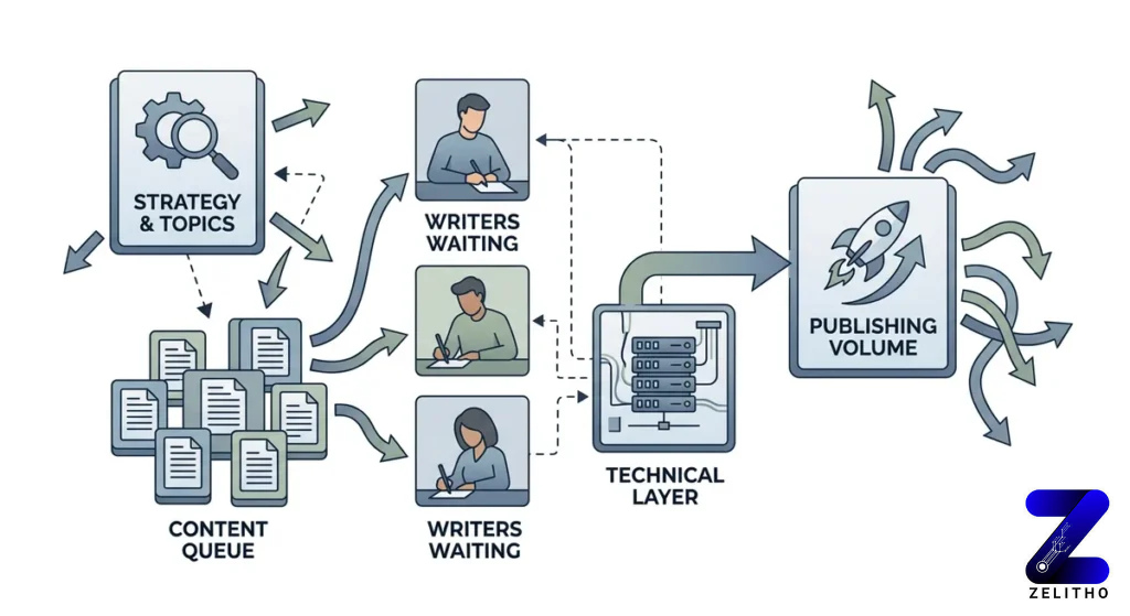 Image by Zelitho: Steps involved in creating SEO content at Scale. How to increase publishing volume