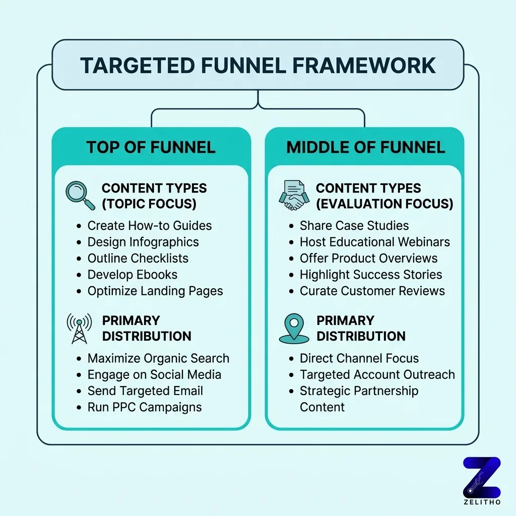 The Targeted Funnel Framework: Stage-by-Stage Content Types, Channels, and Creation Tactics - Infographic by Zelitho