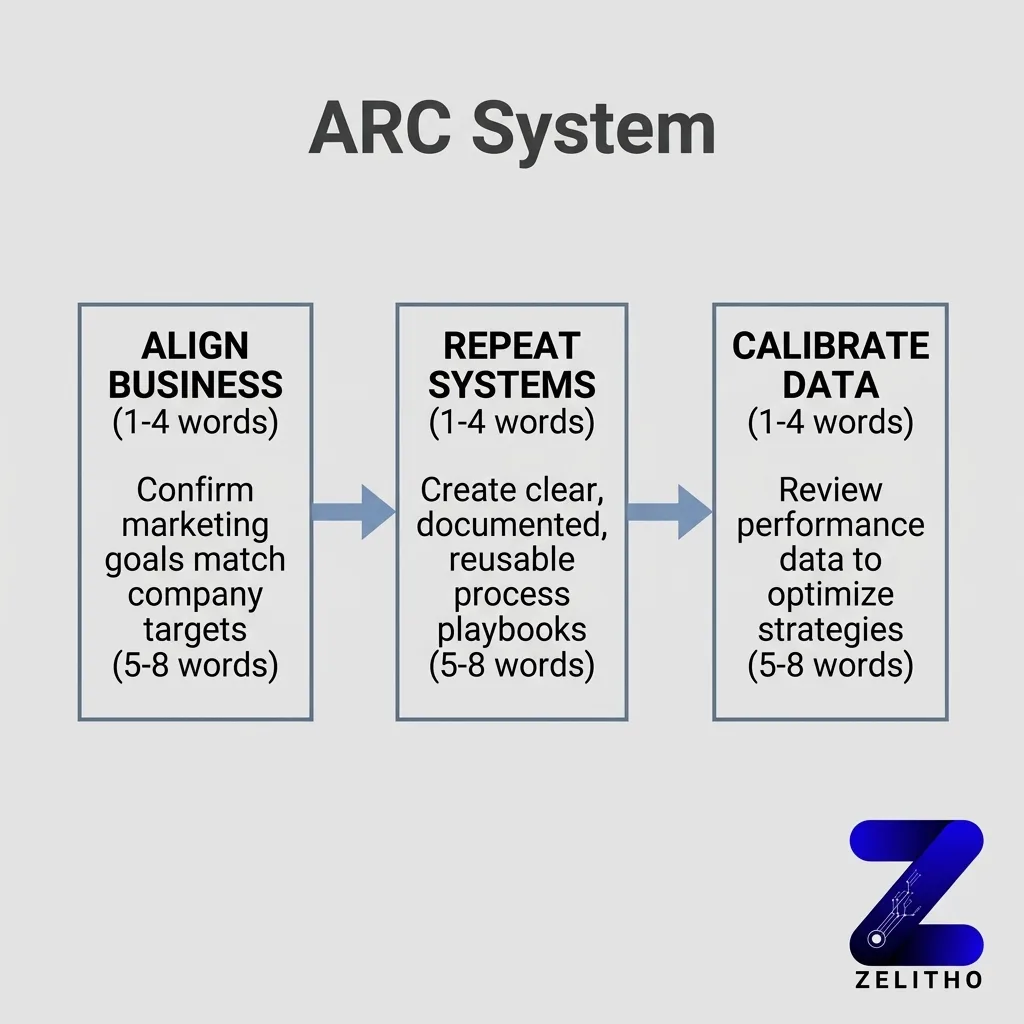 What Does a Scalable Marketing Strategy Actually Require? The ARC system for SEO Content - infographic by zelitho