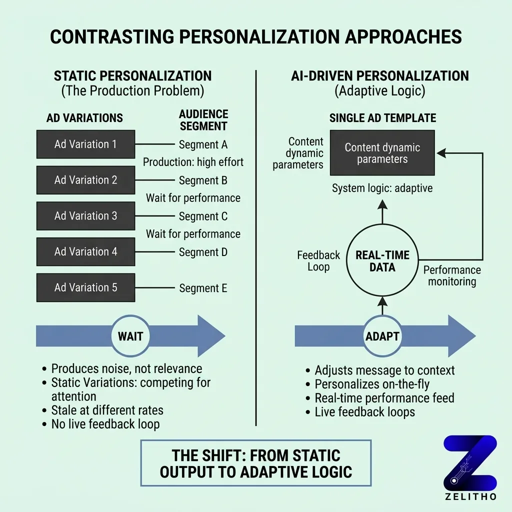 Personalization at Scale Is Not About More Variations, It Is About Smarter Ones. Infographic by zelitho explaining the contrasting personalization approaches
