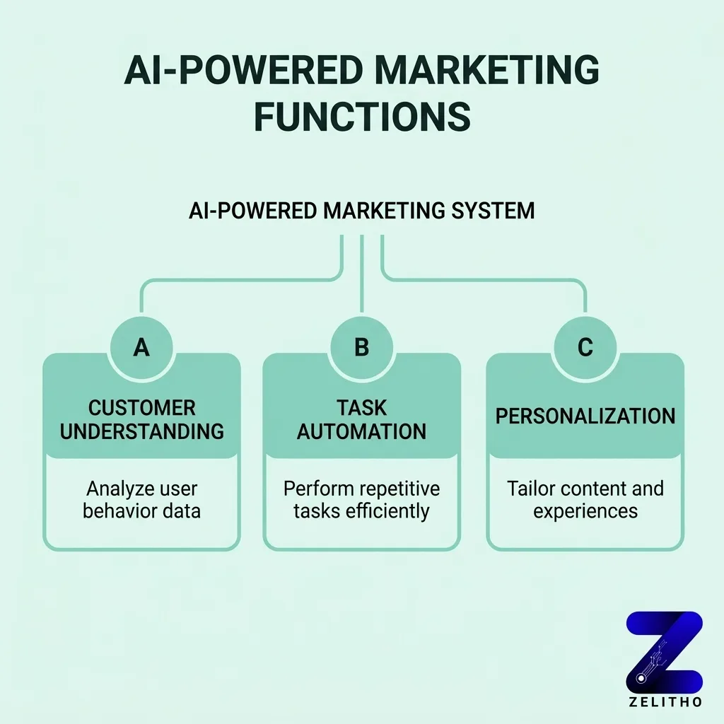 What AI-Powered Marketing Is, and What It Is Not. AI powered marketing system functions infographic
