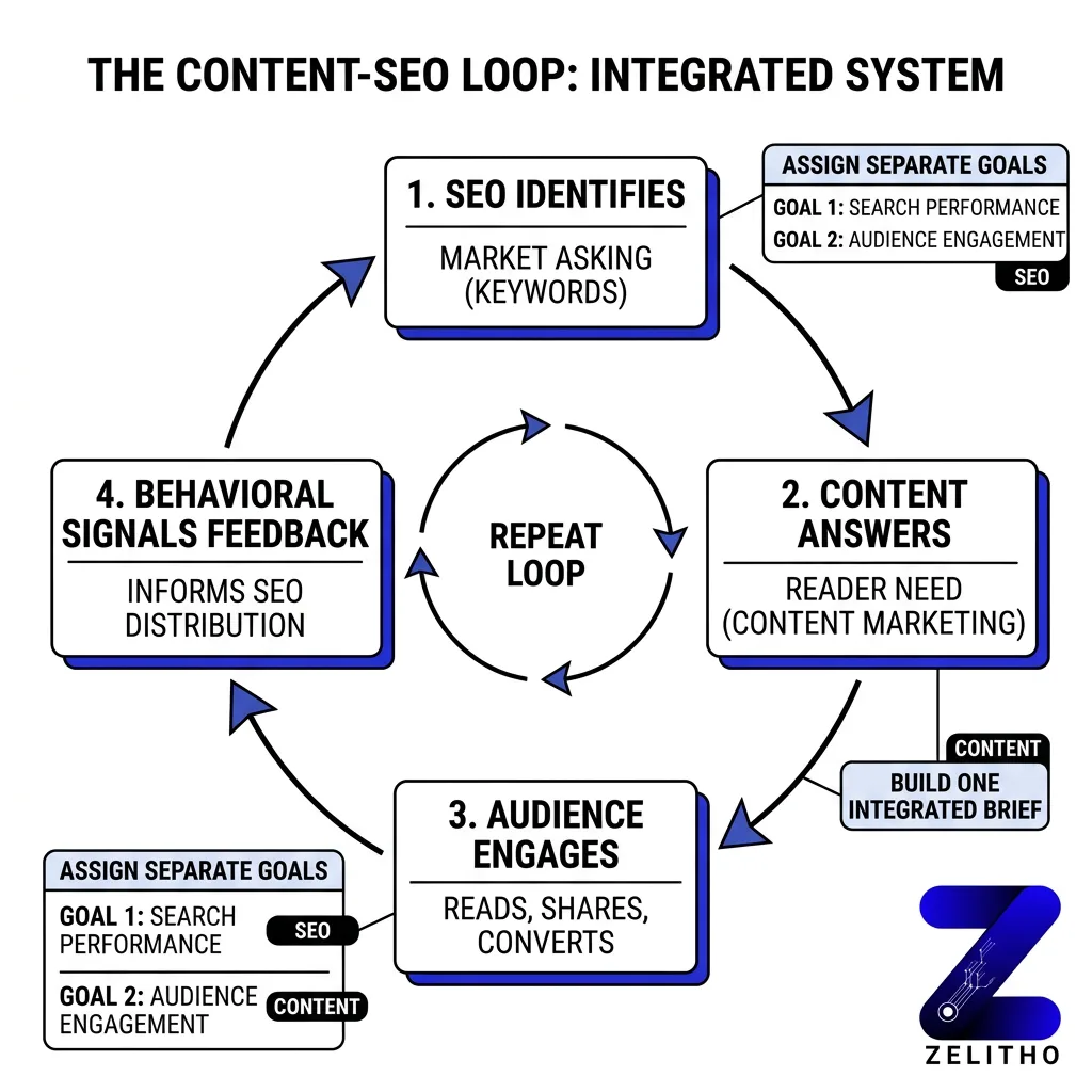 Content marketing and SEO serve different masters. One serves your audience. One serves the algorithm. The Content-SEO Loop is what happens when you stop forcing them to compete and start letting each do what it does best. Assign separate goals, build one integrated brief, and measure both. That discipline is what separates teams that produce content from teams that compound on it. blog zelitho