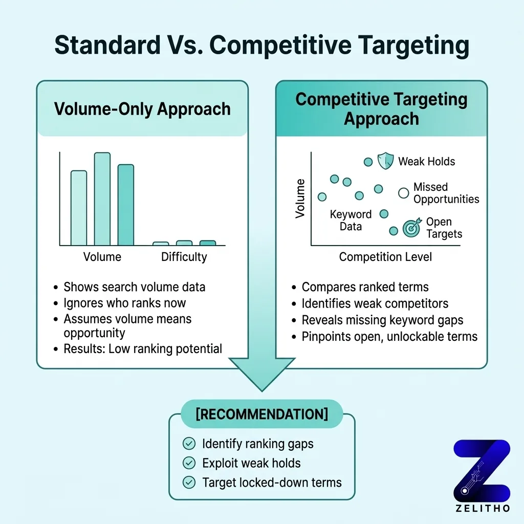What is competitor keyword comparison and why does it change keyword research? Standard volume only approach vs competitive approach of targeting
