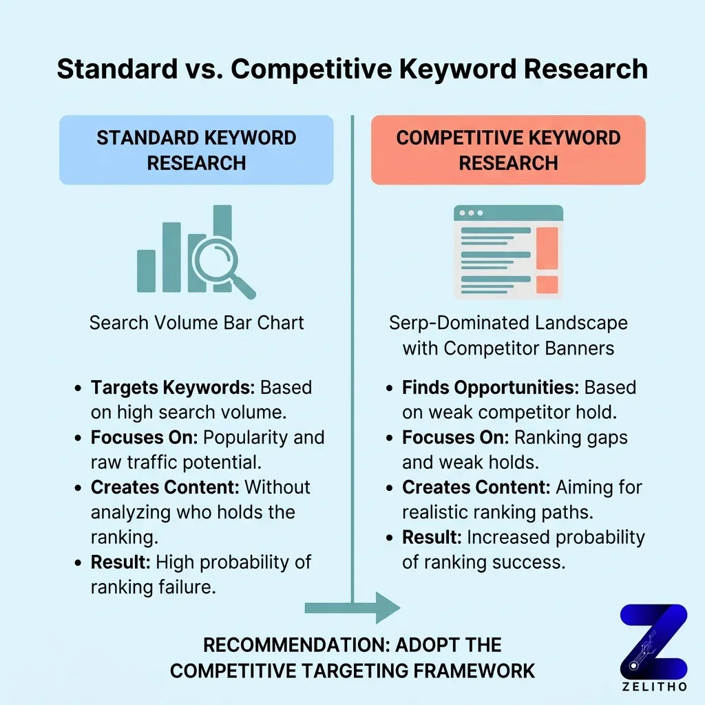 What Happens When You Skip Competitor Pages: Six Weeks of Work Targeting the Wrong Terms. infographic showing the standard vs competitive keyword research