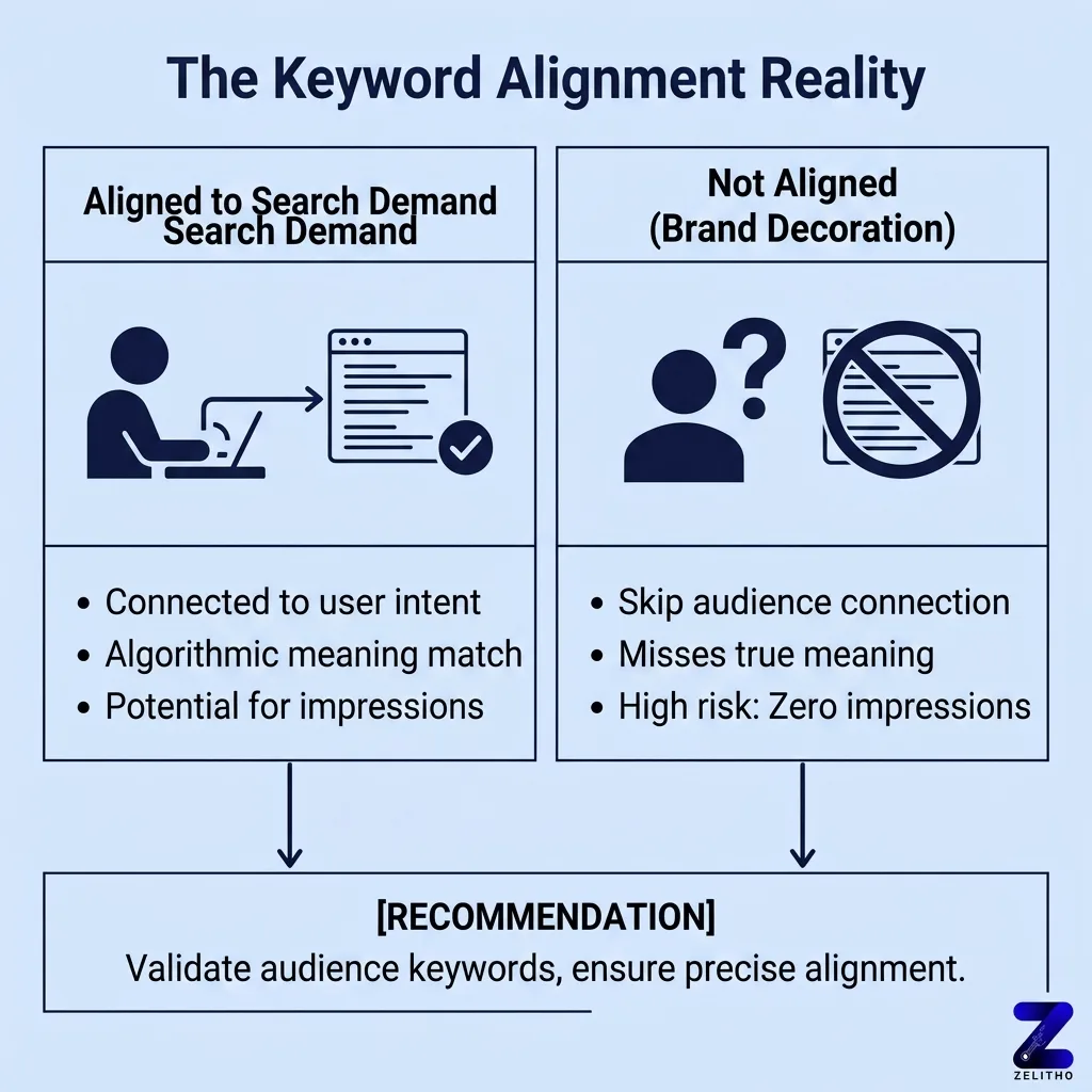 From concept to placement: the only keyword sequence beginners need - Infographic by zelitho showing the keyword alignment reality