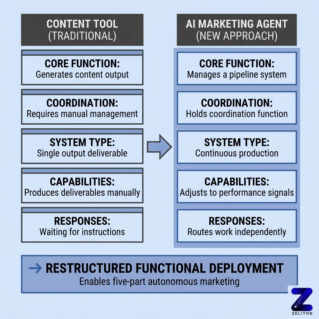 Why Treating Your AI Agent as a Coordinator Changes Everything. Infographic by zelitho showing the traditional content tool vs the new approach using AI marketing Agent
