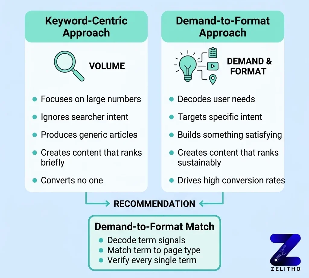 What Search Terms Reveal When You Stop Counting Them. The difference between keyword centric approach and demand to format approach