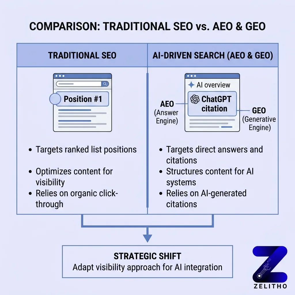 What Are AEO and GEO in SEO? Comparison of traditional seo vs Ai driven search