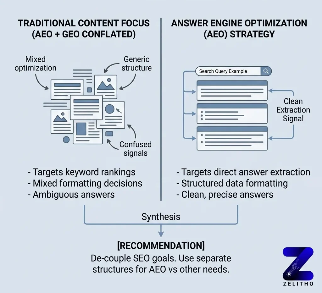 AEO and GEO Defined Side by Side , and Why They Are Not the Same Thing. comparison between traditional content focus vs the AEO strategy