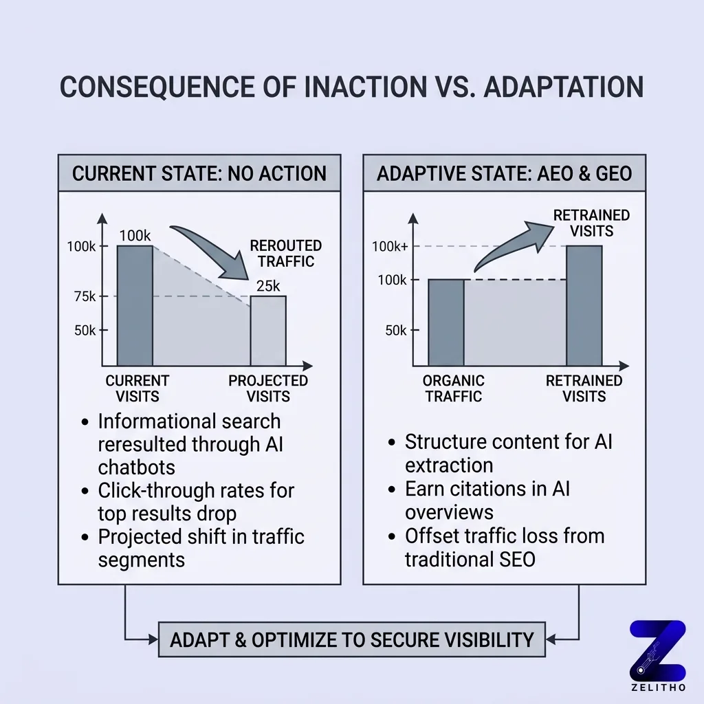 What Happens to Brands That Optimize for Neither. Infographic by zelitho showing the consequences of inaction vs adaptation