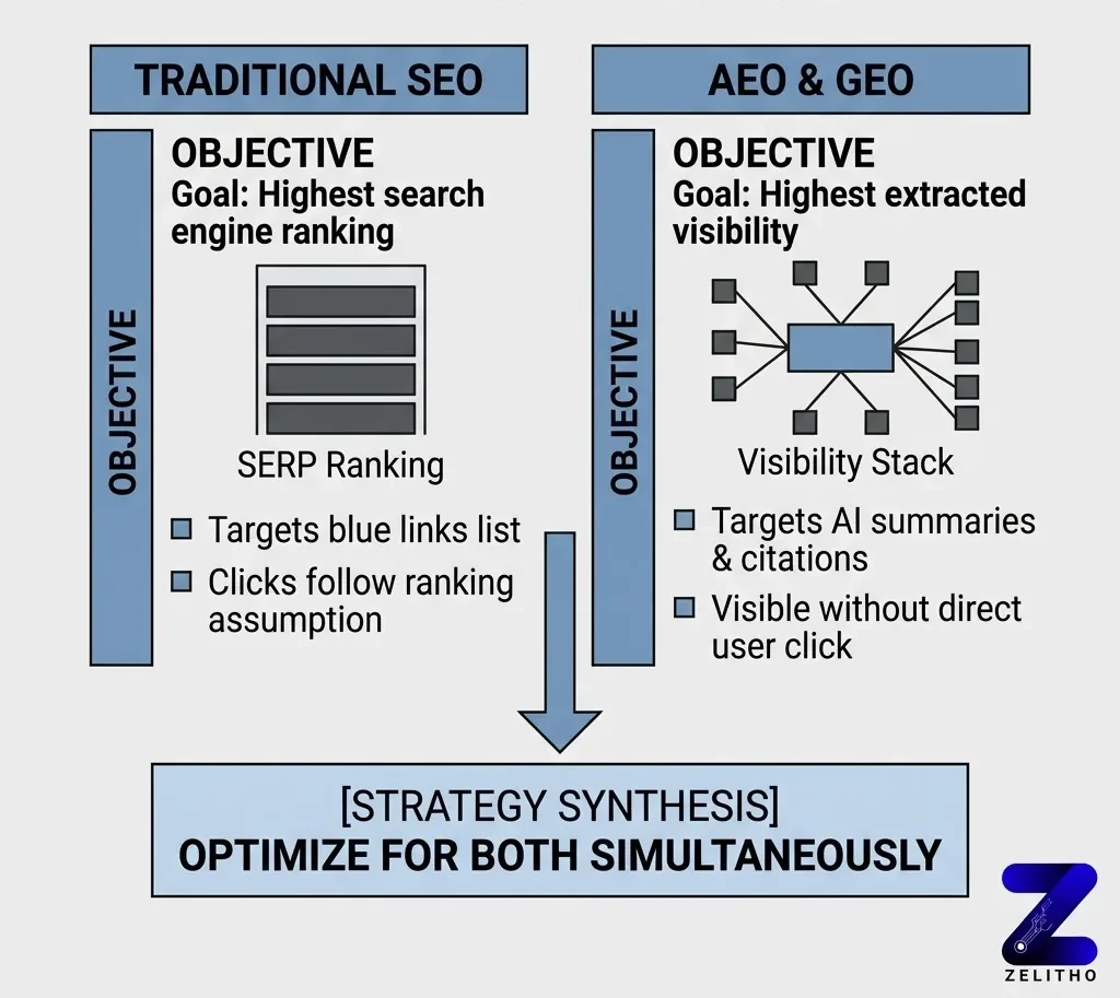 Why Ranking First No Longer Means Being Found First. traditional SEO vs AEO & GEO