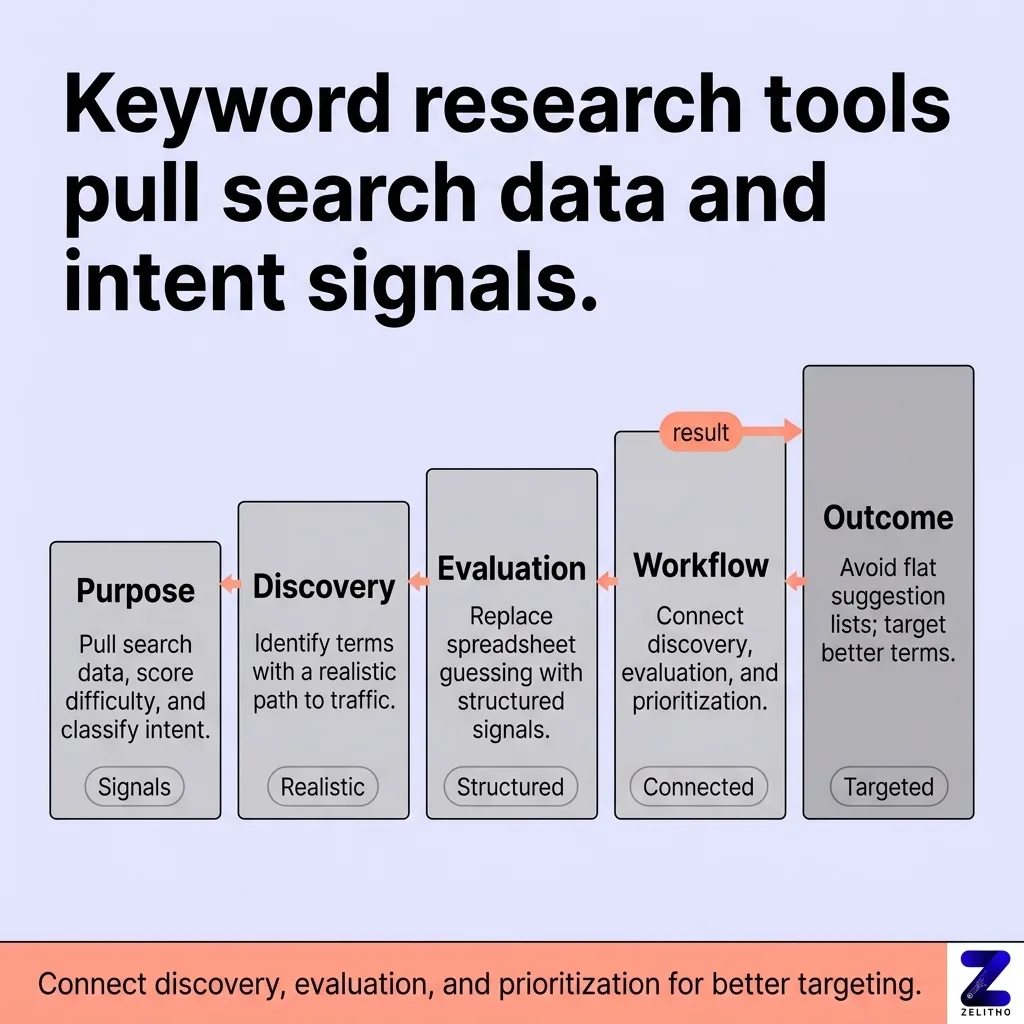 What are the tools used for keyword research? Keyword research tools pull search data and intent signals