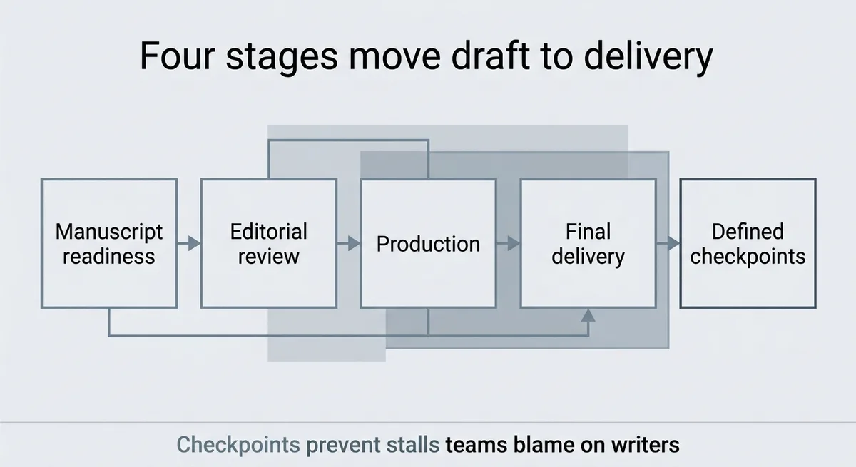 What are the steps in the publishing process from draft to delivery?