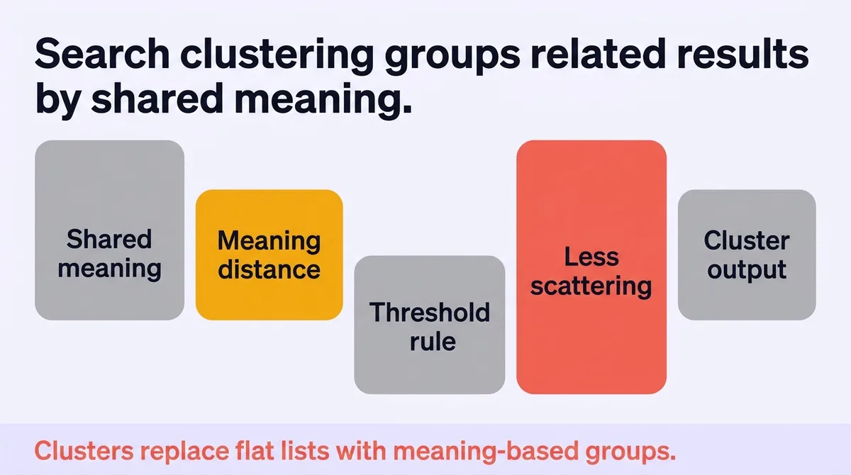 What is search clustering and how does it group related results?