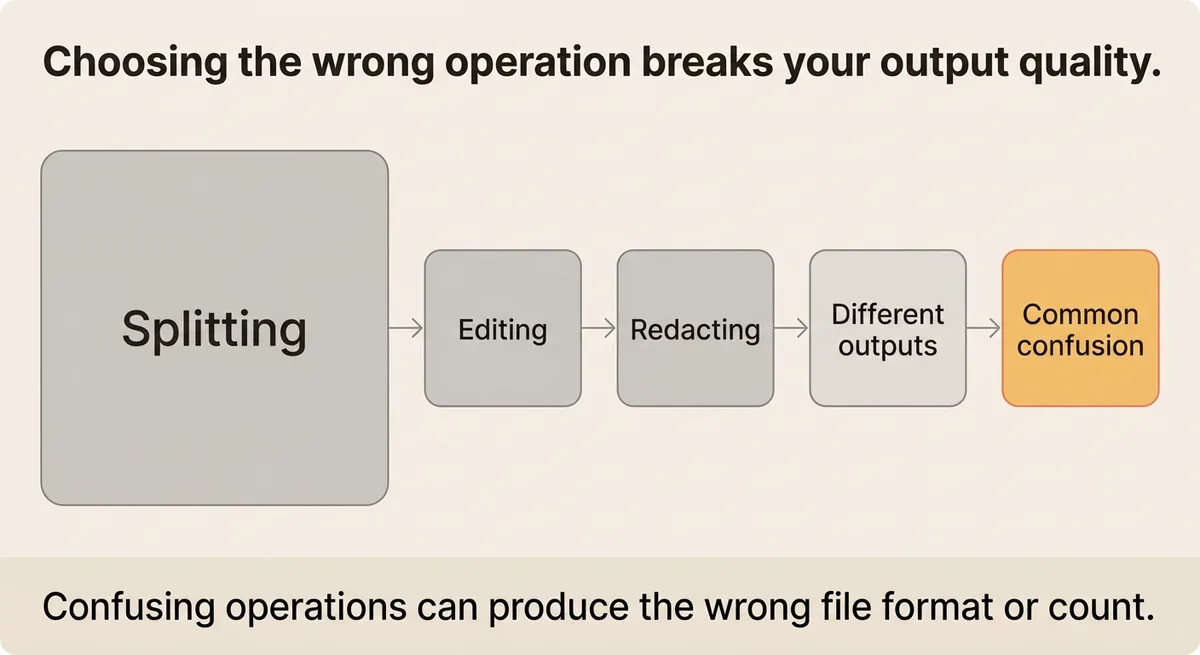 What is the difference between splitting, editing, and redacting an image?